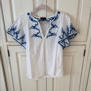 J.Crew Embroidered White and Blue Women's Top